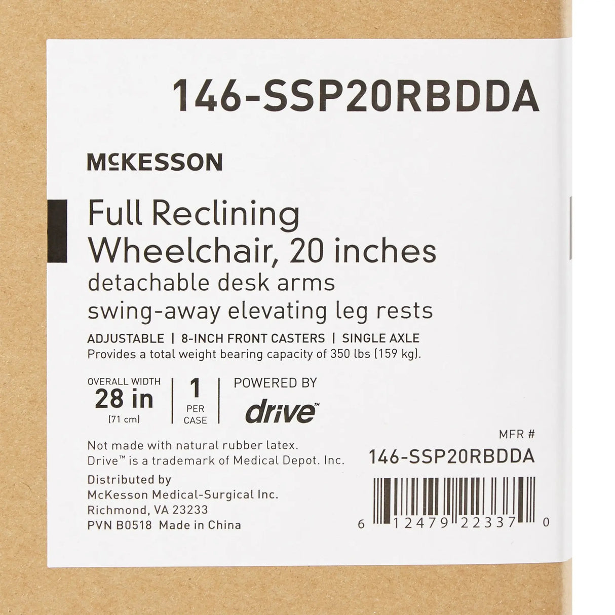 Reclining Wheelchair McKesson Desk Length Arm Swing-Away Elevating Legrest Black Upholstery 20 Inch Seat Width Adult 350 lbs. Weight Capacity McKesson