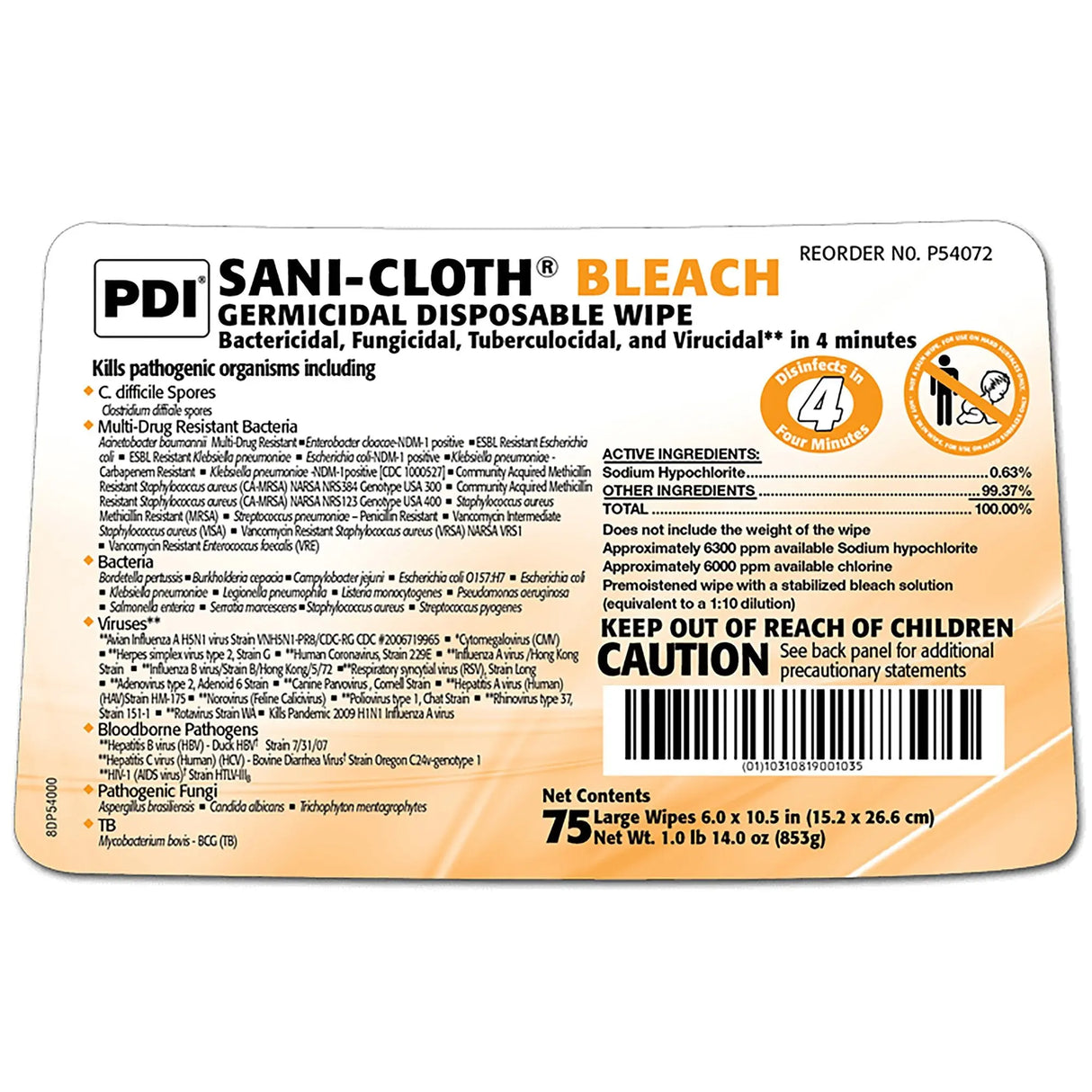 Sani-Cloth® Surface Disinfectant Cleaner Bleach Wipe, 75 Wipes per Canister Sani-Cloth® Bleach