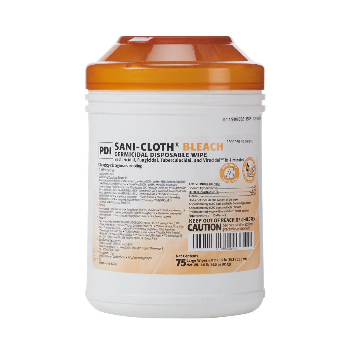 Sani-Cloth® Surface Disinfectant Cleaner Bleach Wipe, 75 Wipes per Canister Sani-Cloth® Bleach