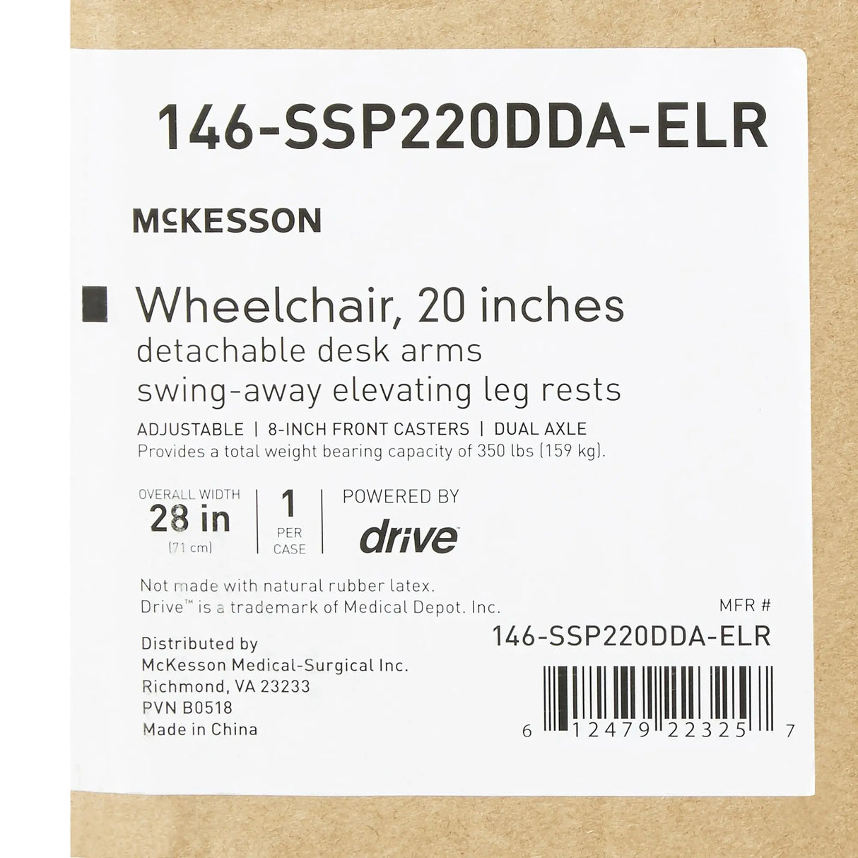 Wheelchair McKesson Dual Axle Desk Length Arm Swing-Away Footrest Black Upholstery 20 Inch Seat Width Adult 350 lbs. Weight Capacity McKesson