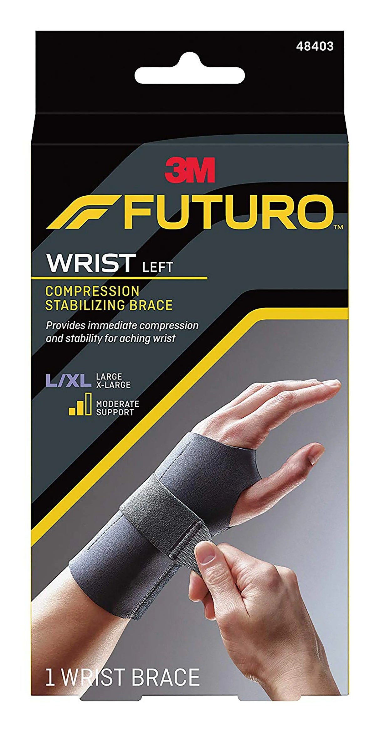 3M FUTURO Wrist Brace, Compression Stabilizing, Low Profile, Black, Left-Hand, Large/X-Large, Strap Closure, 6.75 X 8.5 Inch Futuro™ Compression Stabilizing