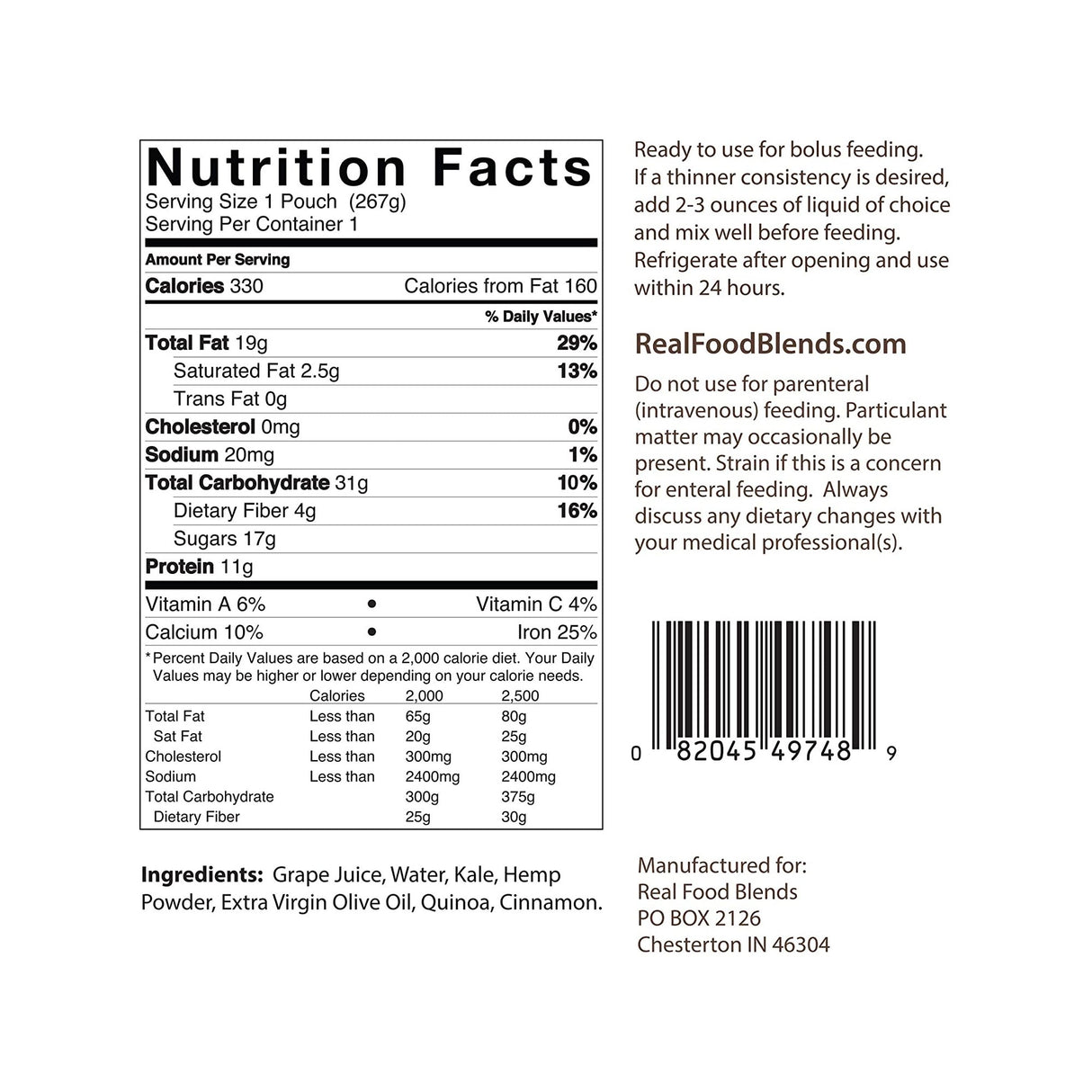 Real Food Blends™ Quinoa, Kale & Hemp Pureed Food Blend for Tube Feeding, 9.4-ounce pouch Real Food Blends®