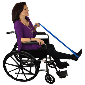 Woman in a wheelchair using a blue resistance band on a white background