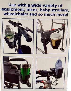 Product advertisement showing a drink holder in use on various devices including bikes, a walker, and a wheelchair.